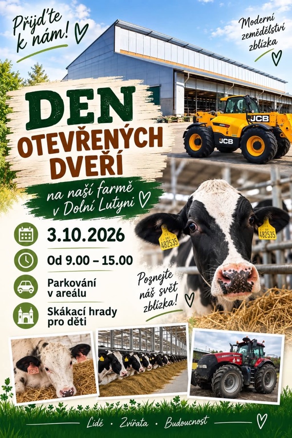 Plakát Den otevřených dveří na farmě v Dolní Lutyni, 3. 10. 2026 od 9 do 15 hodin